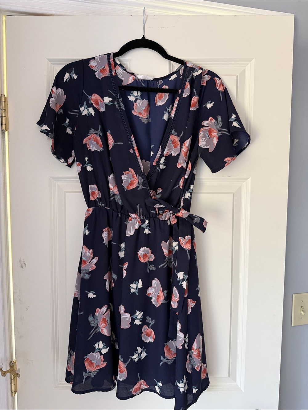 Floral Wrap Dress - Navy with Coral Blooms
